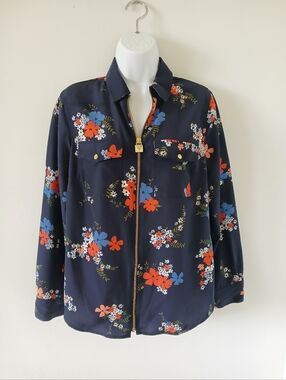 Michael Kors Navy Floral Zip-Front Blouse Medium